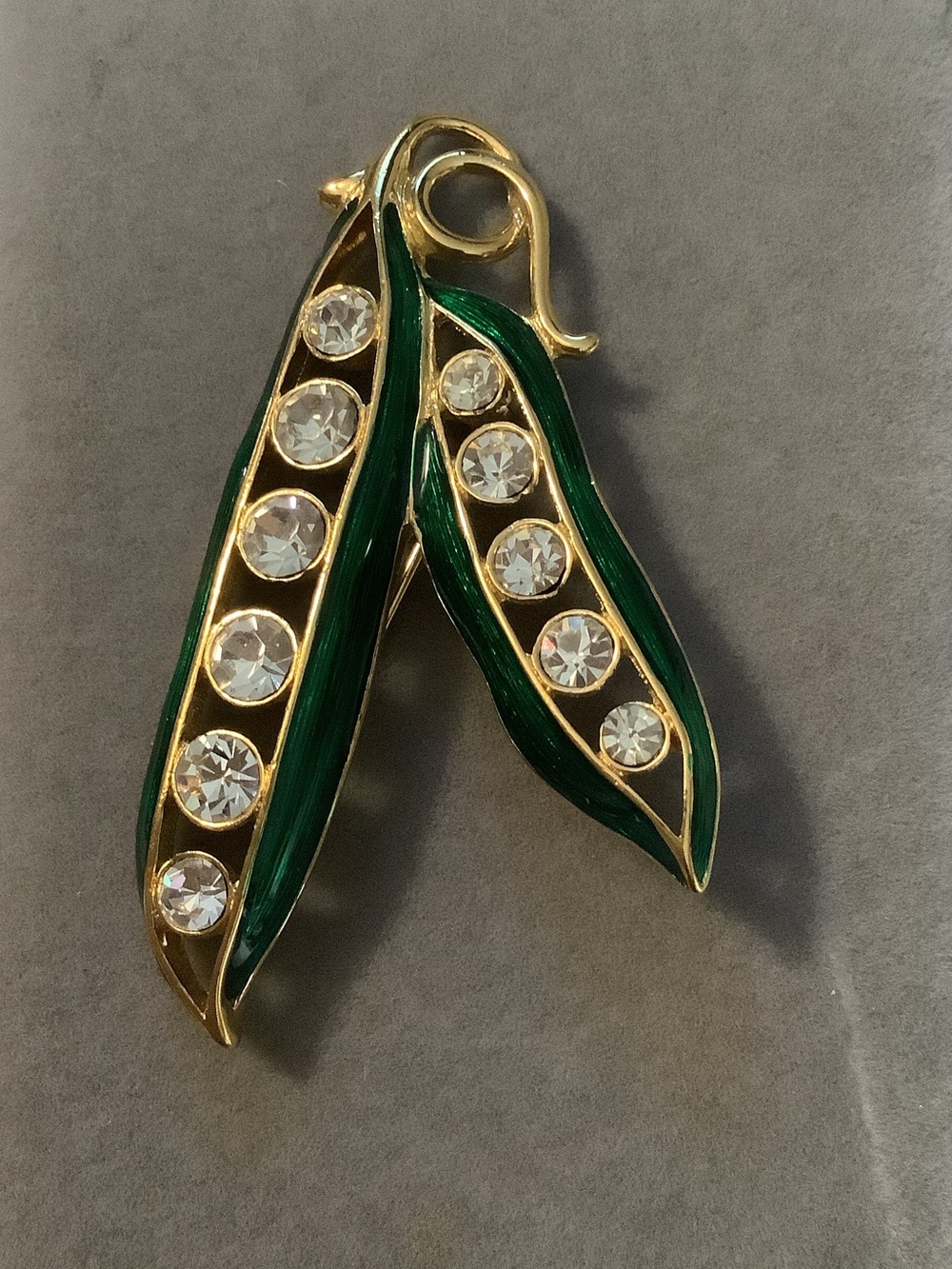 Monet Gold Tone Green Enamel Leaf Brooch with Clear Crystals - Women Jewelry